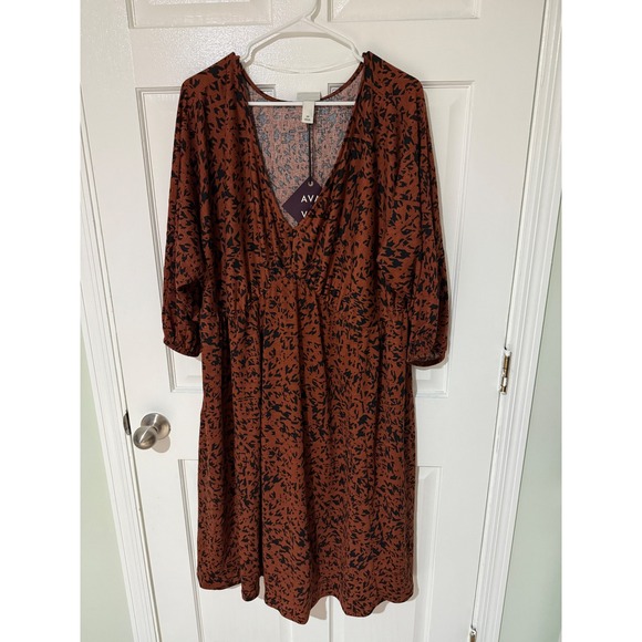 Ava & Viv Womens 2X Brown Black Floral Print 3/4 Sleeve V Neck Dress - Picture 1 of 3